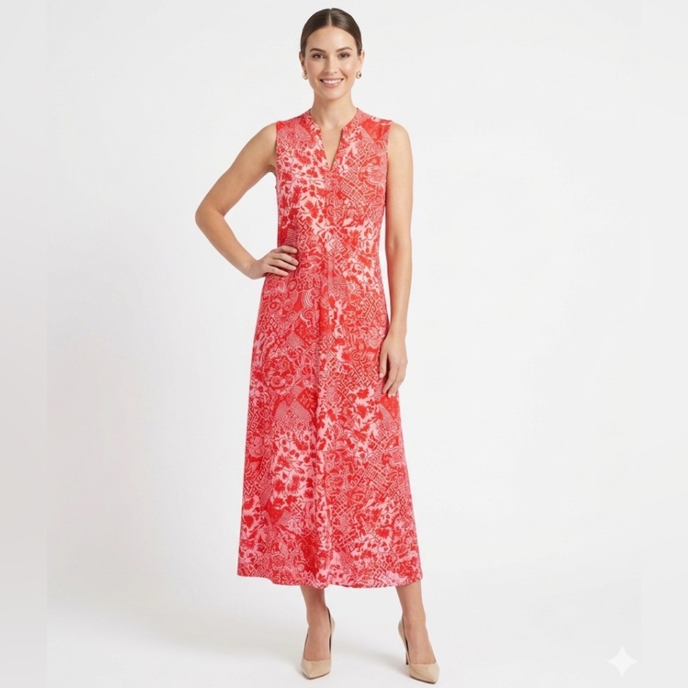 Natori Pink Red Floral Batik Rayon Sleeveless Split Neck Maxi Dress Medium‎